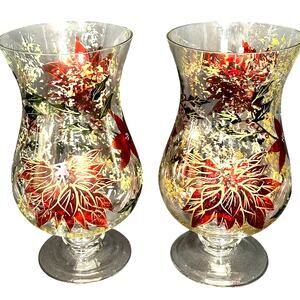 Home Essentials Poinsettia Hurricane Tall Glass Candleholder Vases Set of Two